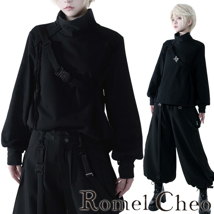 RomelCheo スタンドネック トレーナー 斜めバックル ハイネック シャツトレーナー モックネック デザイントレーナー スウェット ベルトデザイン モノトーン 変形デザイン 長袖 レディース モード系 ストリート 原宿系 サロン系 ファッション ロメルチェオ