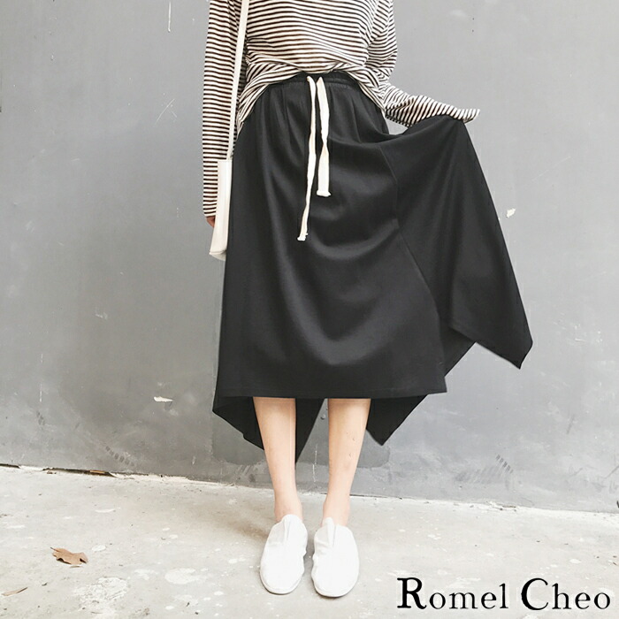 楽天市場 送料無料 Romelcheo 黒無地 スカート アシンメトリー Aライン ガウチョ風 アシメ イージー レディース シンプル モード系 黒 ブラック ロング ミモレ丈 無地 ウエストゴム ヘムカット ストリート系 カジュアル ロメルチェオ Romelcheo