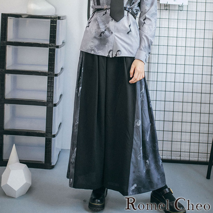 楽天市場 送料無料 Romelcheo 和柄袴パンツ ガウチョパンツ 袴パンツ ゆったり はかまパンツ スカンツ ワイドパンツ タイパンツ ストリート 切替え 和風 和柄 モード 原宿系 青文字系 カジュアル ファッション ロメルチェオ Romelcheo