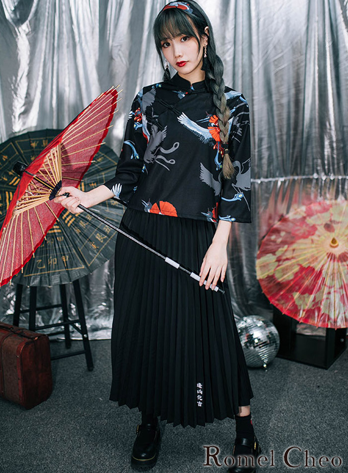 楽天市場 送料無料 Romelcheo 文字入りシンプル黒スカート ギャザースカート タックスカート モントーン ロングスカート 和テイスト 和風 アジアン エスニック モダン 原宿系 青文字系 韓国 レディース ファッション カジュアル ロメルチェオ Romelcheo