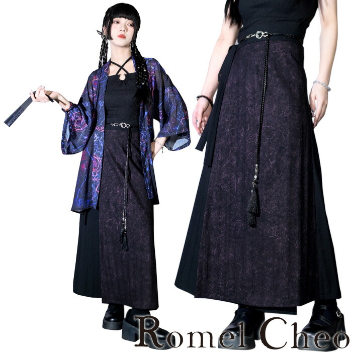RomelCheo 呪術柄 切り替えスカート 和風 レディース 病み 和柄 夏秋 コットン ポリエステル プリーツスカート Aライン ロングスカート マキシ丈 アシンメトリースカート 和モダン レディース モード系 ストリート きれいめ 原宿系 サロン系 ファッション ロメルチェオ