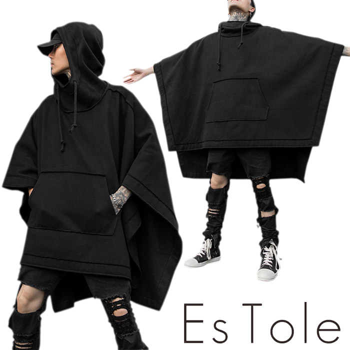 EsTole ビッグポンチョパーカー ロングパーカー ドルマン プルオーバー フード付きポンチョ ビッグシルエット 羽織 ライトアウター 変形 メンズ マント ケープ モード系 ストリート 個性的 原宿系 エストール|RomelCheo