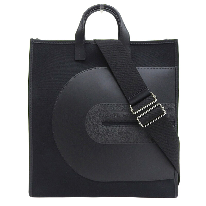 【中古】 エルメス HERMES オリゾンレコード 2WAY ハンドバッグ ショルダーバッグ キャンバス レザー ブラック Y刻印 2020年 新入荷 HE1057