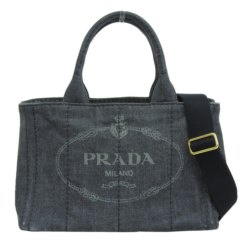 【T♪】プラダ　カナパ　ミニ　ブラックデニム　ショルダー付き ☆ プラダ カナパ ミニ トート PM 2WAY デニム ショルダーバッグ