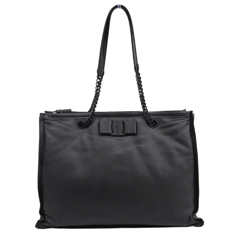 【中古】 フェラガモ FERRAGAMO VIVA ボウ トートバッグ チェーントート レザー ブラック 新入荷 OB2687