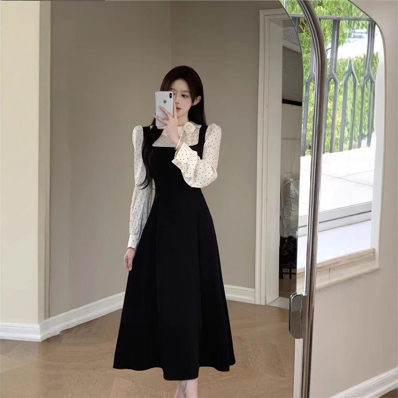 ワンピース レディース ロング丈 ドット柄 切り替え 大人可愛い 長袖 Aライン フレア ジャンパースカート 上品 フェミニン フレンチガーリー お呼ばれ デート 春 秋 ブラック