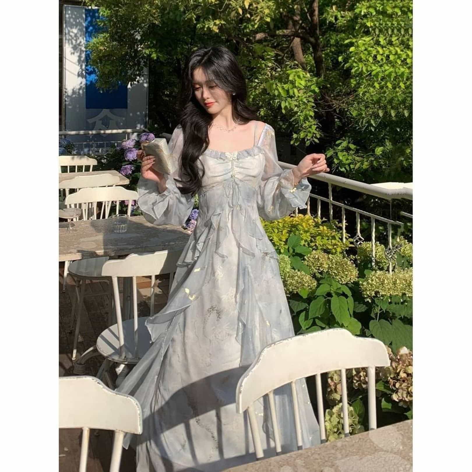 ロングワンピース フェアリー チュール レース ドレス グラデーション タイダイ 透け感 シフォン パーティー お呼ばれ 春夏 秋 ふわふわ ブラウジング 体系カバー Aライン ブルー パープル