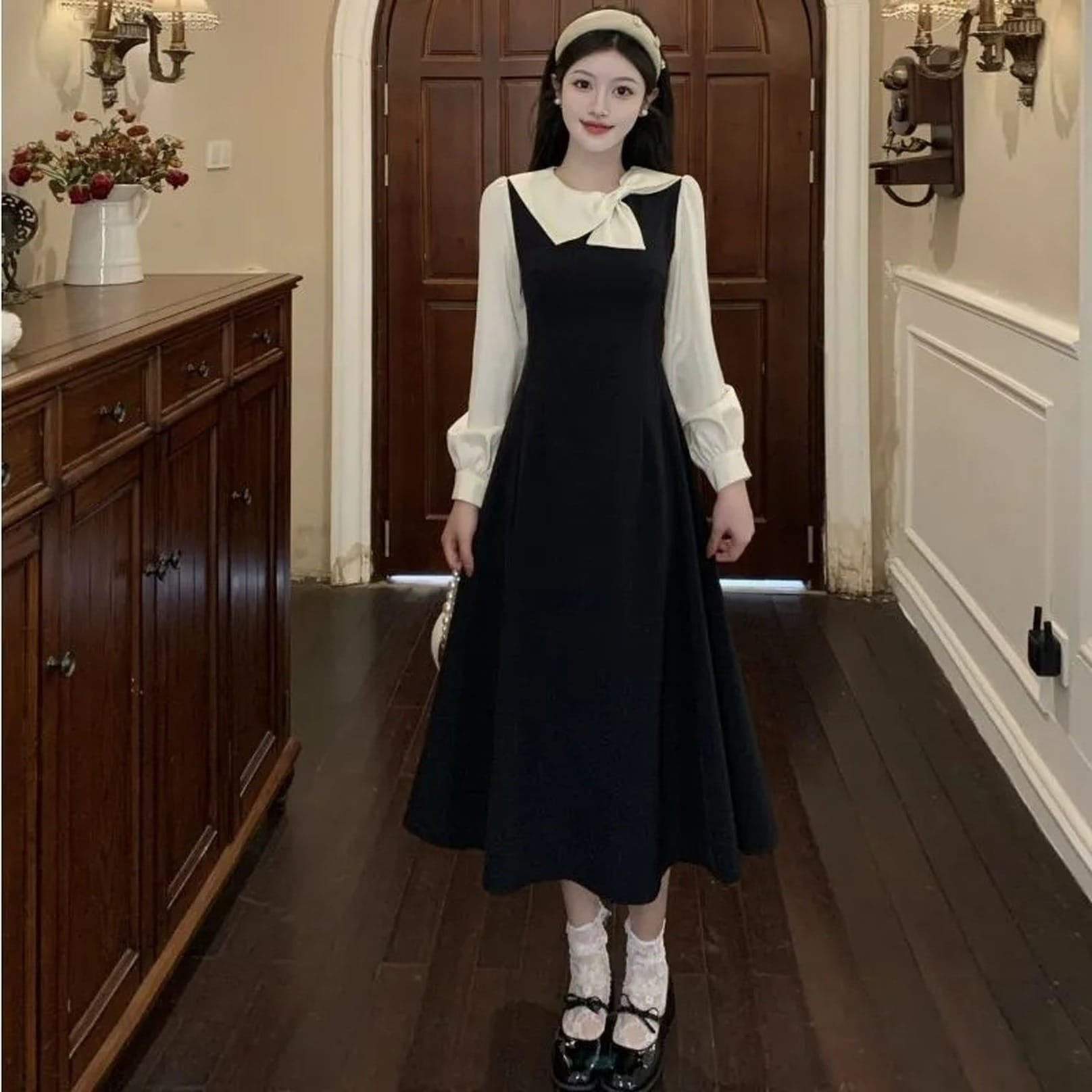 ワンピース レディース ロング 長袖 襟付き お嬢様 レトロ 重ね着風 バイカラー Aライン ミモレ丈 フレア 上品 きれいめ 清楚 ガーリー フェミニン クラシック 学院風 普段着 春 秋 ブラック