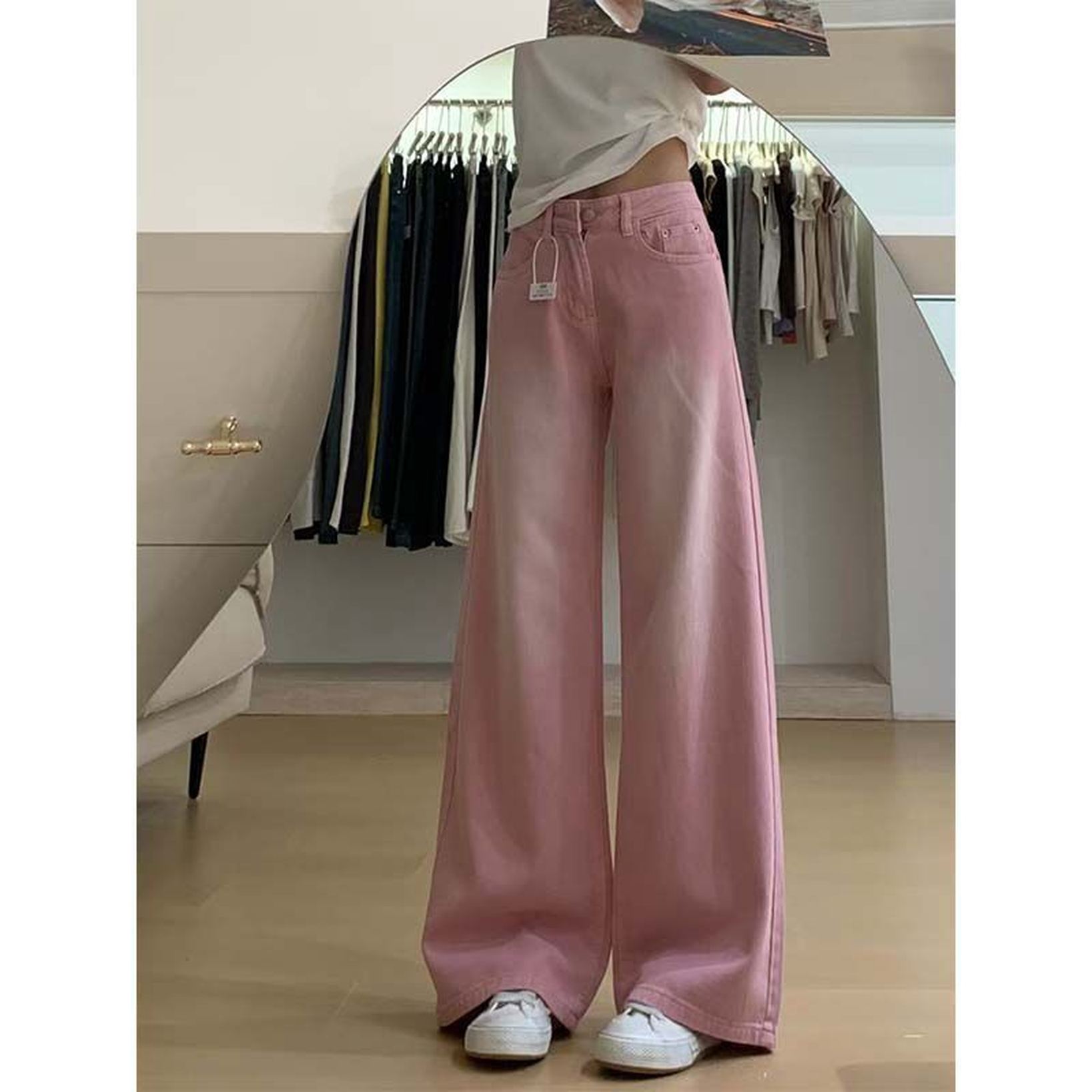 デニムパンツ レディース ジーンズ ワイドパンツ ハイウエスト 脚長 着痩せ ゆったり カジュアル 春 夏 秋 ストレートパンツ ジーパン ボトムス ロング ズボン おしゃれ 韓国風 可愛い ピンク