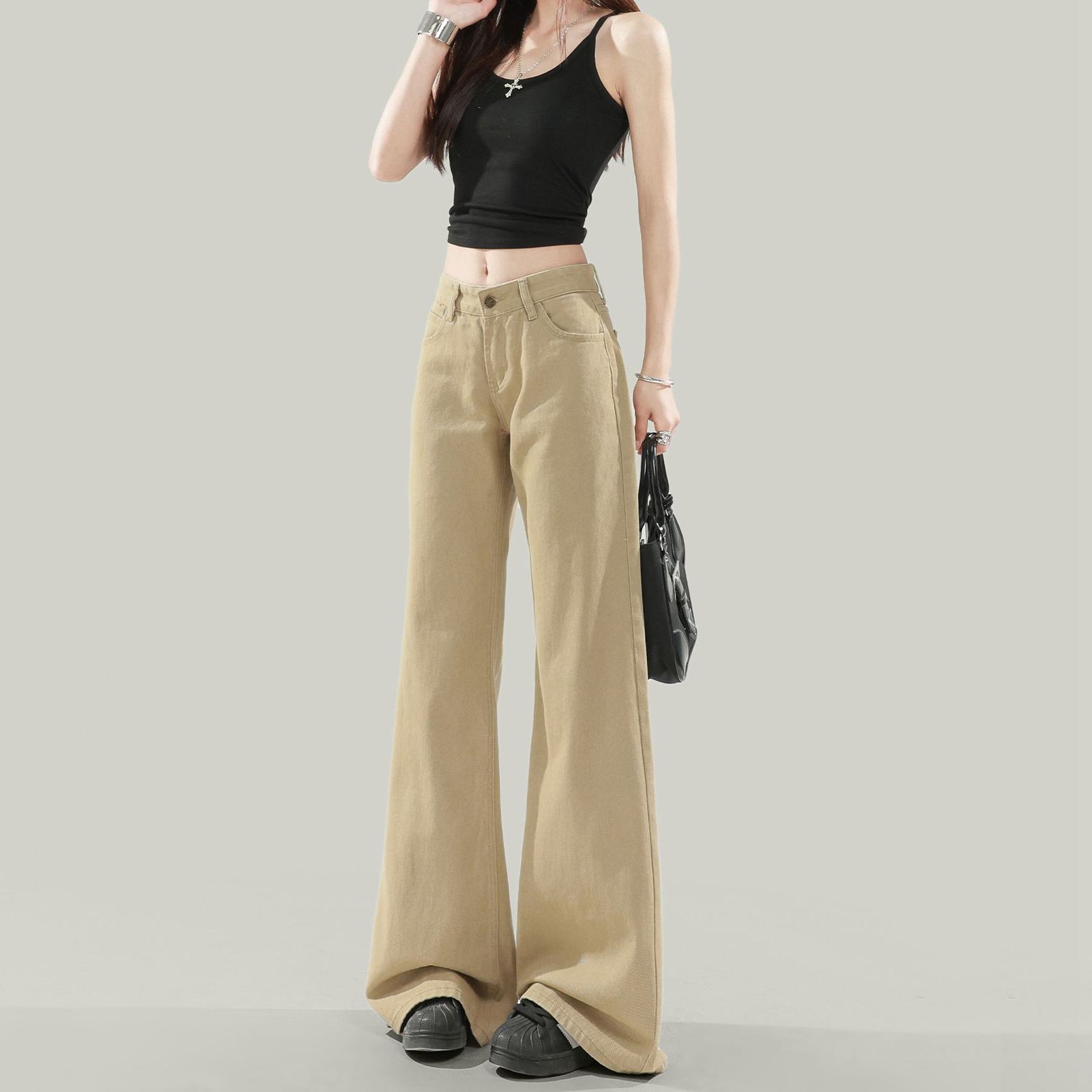 デニム パンツ レディース ハイウエスト フレアパンツ ワイドパンツ 脚長 美脚 痩せ見え ベルボトム ロング丈 ズボン ゆったり カジュアル ストリート 韓国風 ファッション 春 夏 秋 冬 カーキ