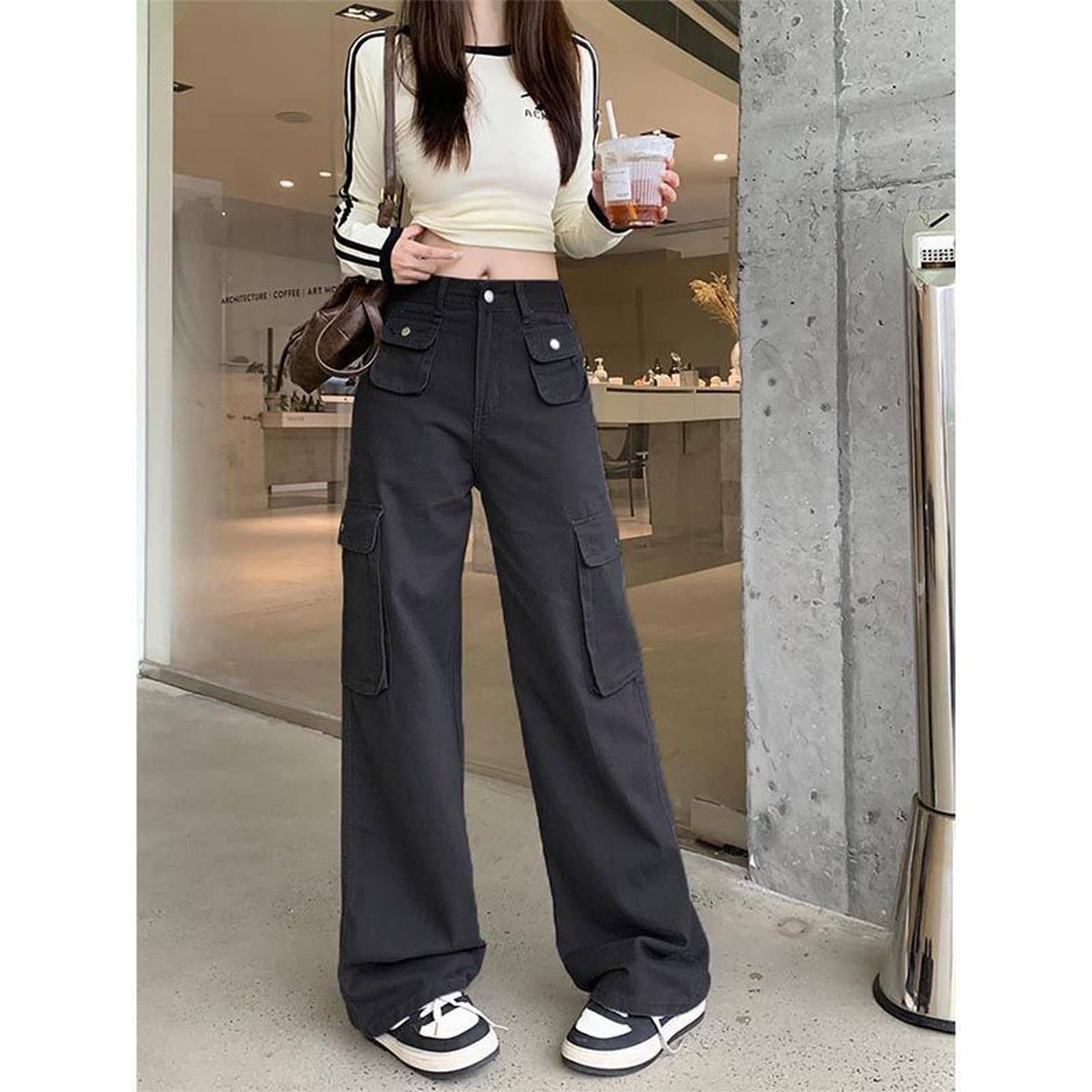 カーゴパンツ レディース ワイドパンツ ハイウエスト 脚長効果 着痩せ デニム ジーンズ ストレート パンツ 韓国 ストリート アメカジ Y2K ヒップホップ 多ポケット ワークパンツ カジュアル