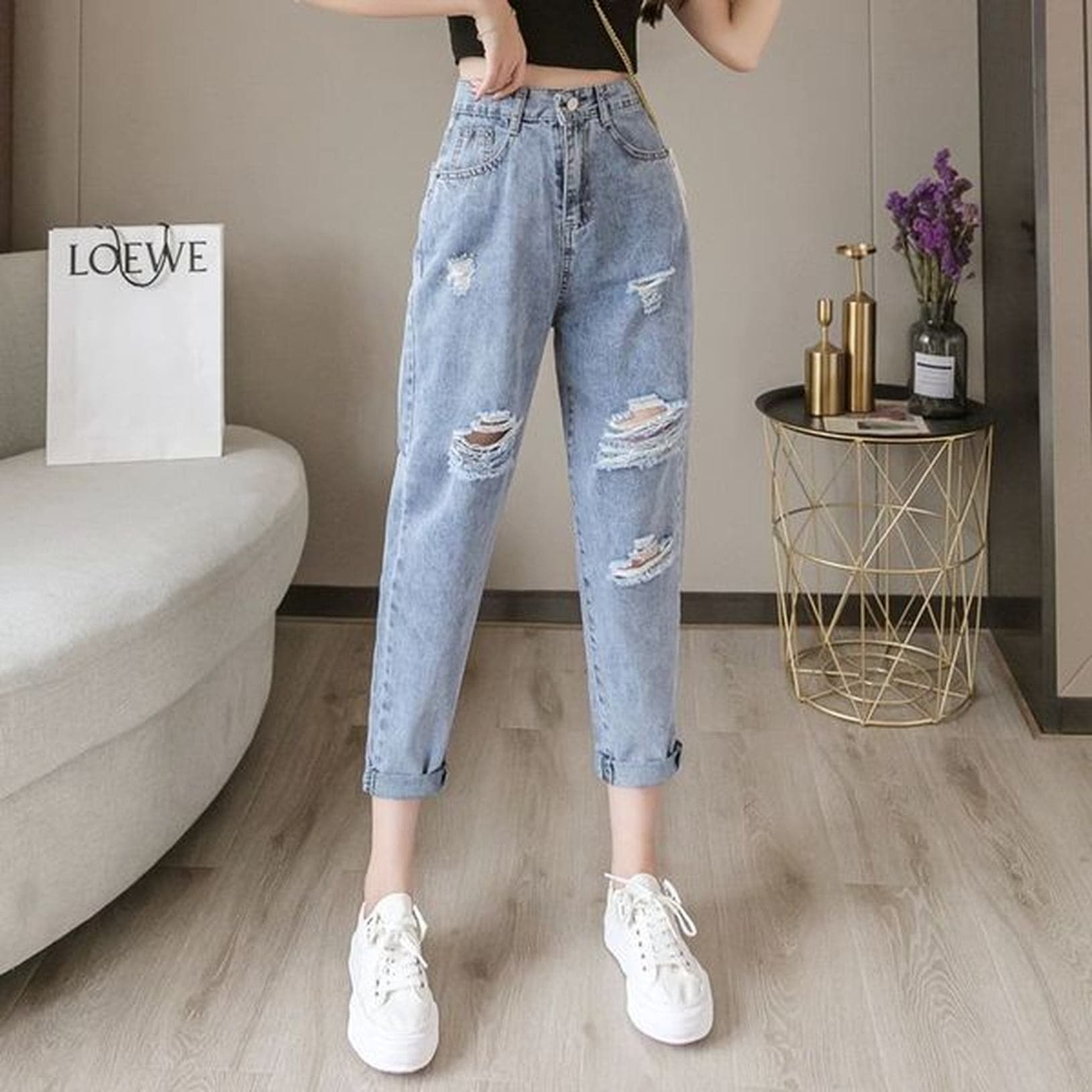 デニムパンツ レディース ジーンズ ダメージ加工 クラッシュ ハイウエスト ゆったり ストレート ジーパン ワイドパンツ 美脚 着痩せ ボトムス 韓国風 カジュアル 夏 春 秋 ライトブルー