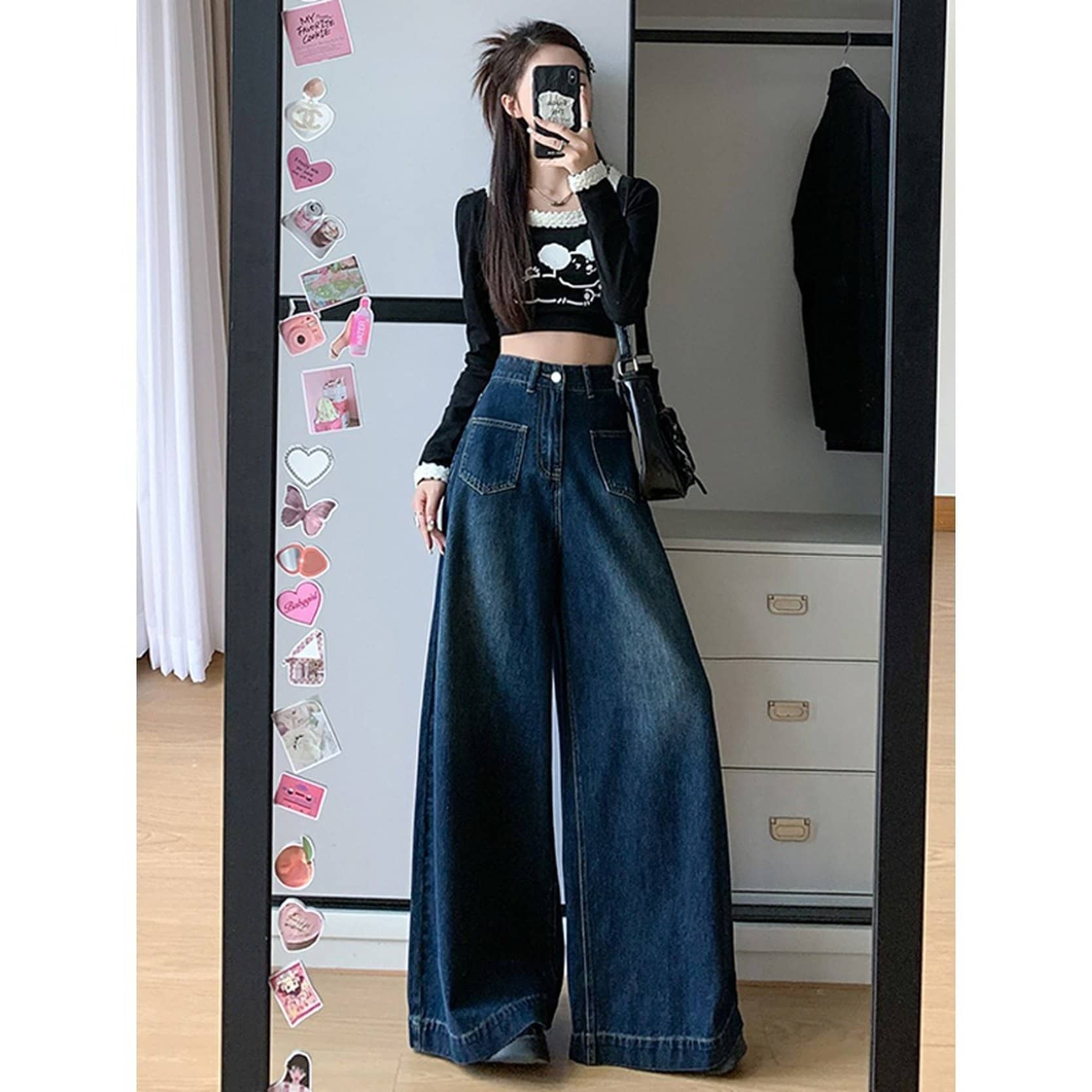 デニム パンツ レディース ワイドパンツ ジーンズ ハイウエスト ストレート ワイドシルエット ゆったり ロング丈 ヴィンテージ風 ウォッシュ加工 着痩せ 脚長効果 カジュアル 美脚 通学 通勤 春