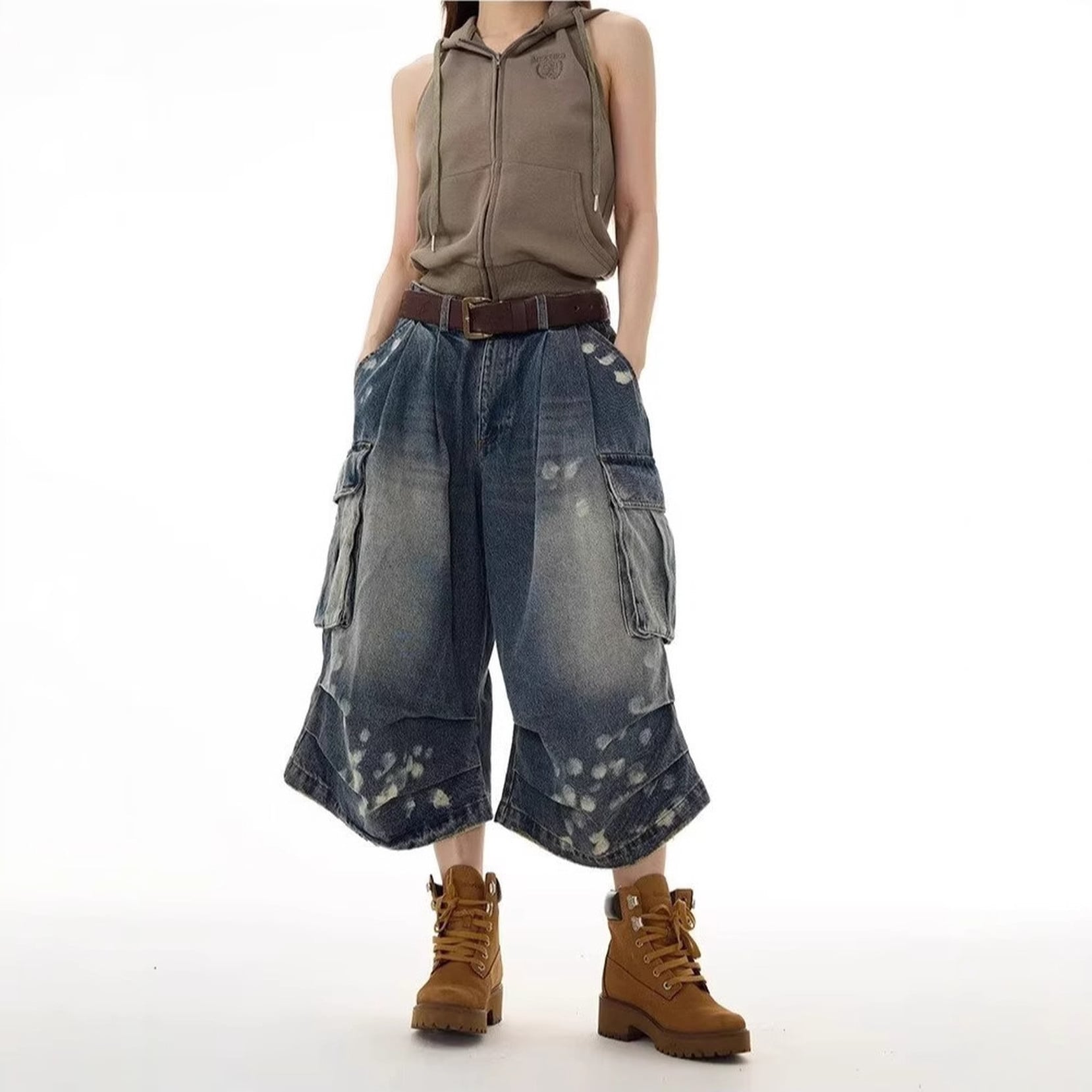 デニムパンツ レディース カーゴパンツ ハーフパンツ クロップドパンツ ヴィンテージ風 ダメージ加工 ストリート Y2K ワイド ゆるだぼ ハイウエスト 膝下 カジュアル ウォッシュ加工 体型カバー