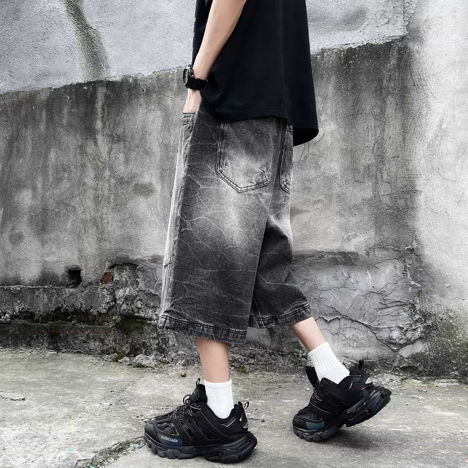 デニム ハーフパンツ メンズ ワイド バギーパンツ ストリート系 膝丈 ショートパンツ ヒップホップ 韓国 ファッション オーバーサイズ ヴィンテージ風 ジーパン カジュアル 夏 スモークグレー