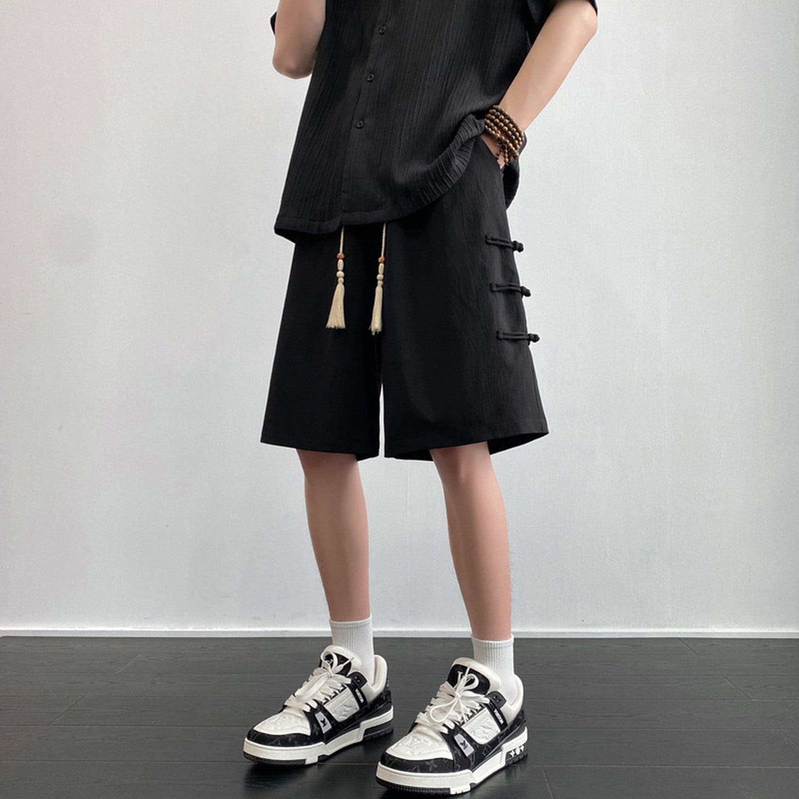 ショートパンツ メンズ ワイドパンツ チャイナ風 紐ボタン タッセル 5分丈 麻混風 通気性 涼しい レトロ 唐装 洒落着 部屋着 夏服 和風 ゆったり 大きいサイズ
