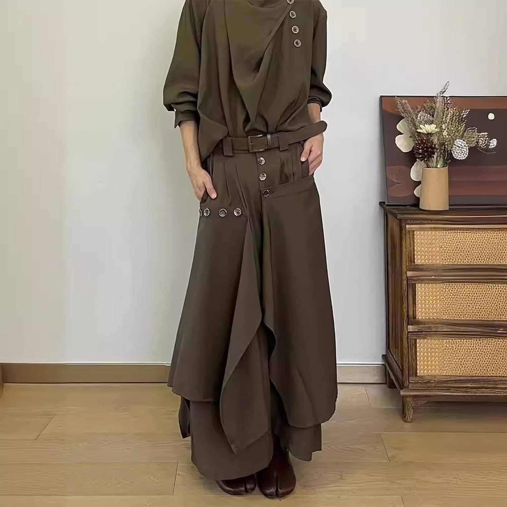 ロングスカート セットアップ コーヒー 森ガール レトロ アシンメトリー Aライン ゆったり レイヤード ボタンデザイン マキシスカート 体型カバー 大きいサイズ 秋冬 春先 カジュアル