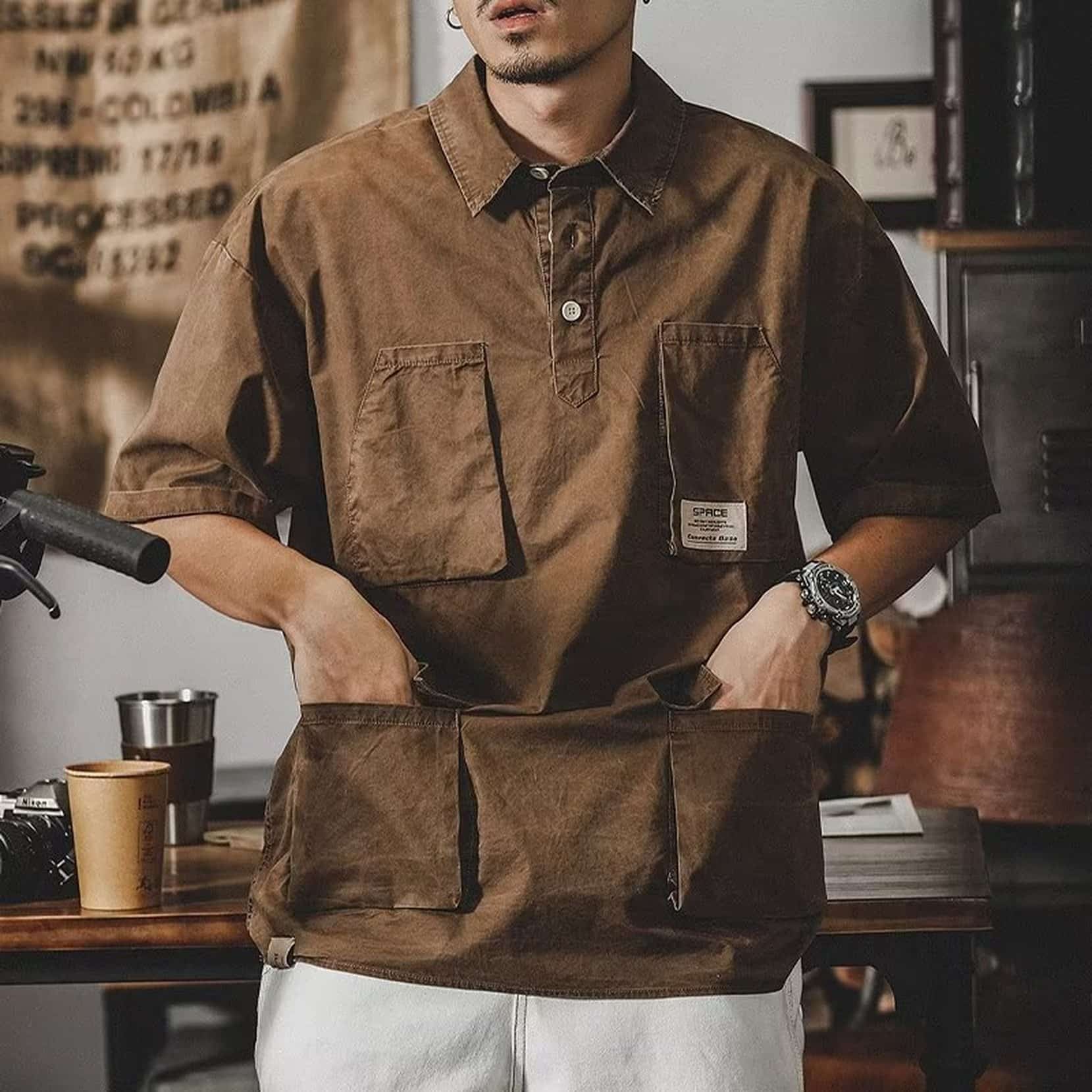 ポロシャツ メンズ 半袖 ワークシャツ ヴィンテージ風 ミリタリー アメカジ 夏服 ルーズ 4ポケット 多機能 プルオーバー カジュアル 襟付き おしゃれ ゆったり 綿 コットン 無地 涼しい 通気性