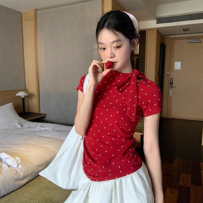 シャツ レディース 半袖 ドット柄 水玉 トップス 春夏 レトロ ガーリー リボン ハイネック スリム フィット カットソー カジュアル きれいめ 可愛い お洒落 柔らかい 伸縮性 韓国風 ファッショ