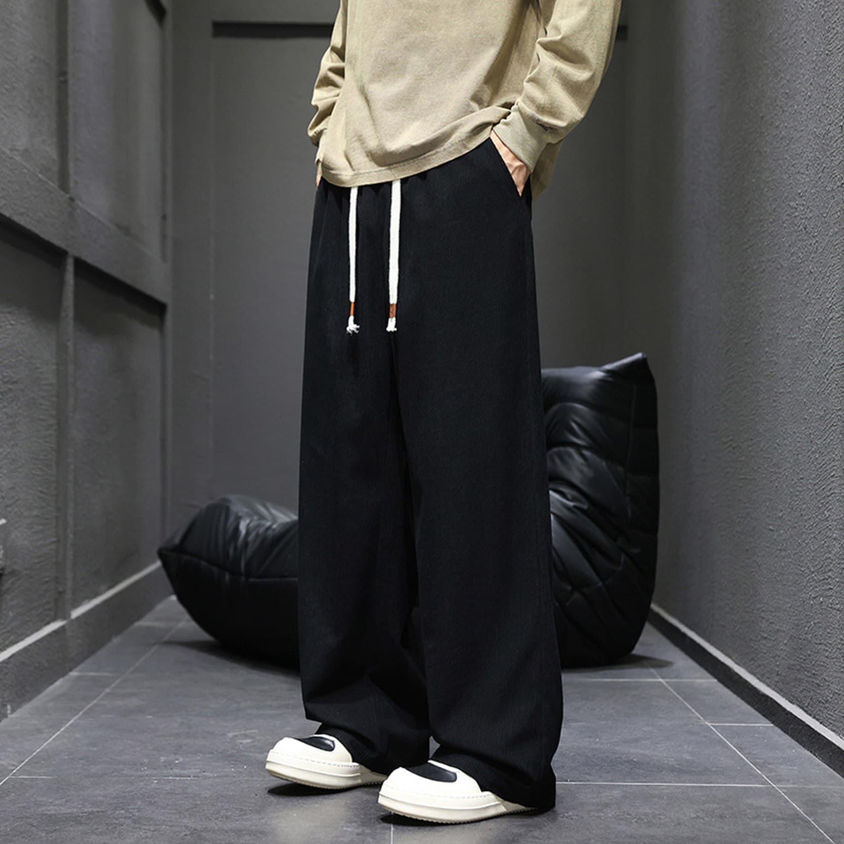 ワイドパンツ メンズ コーデュロイ ストレート ドレープ感 スラックス ウエストゴム 紐付き 韓国 ファッション 着回し 運動 春秋
