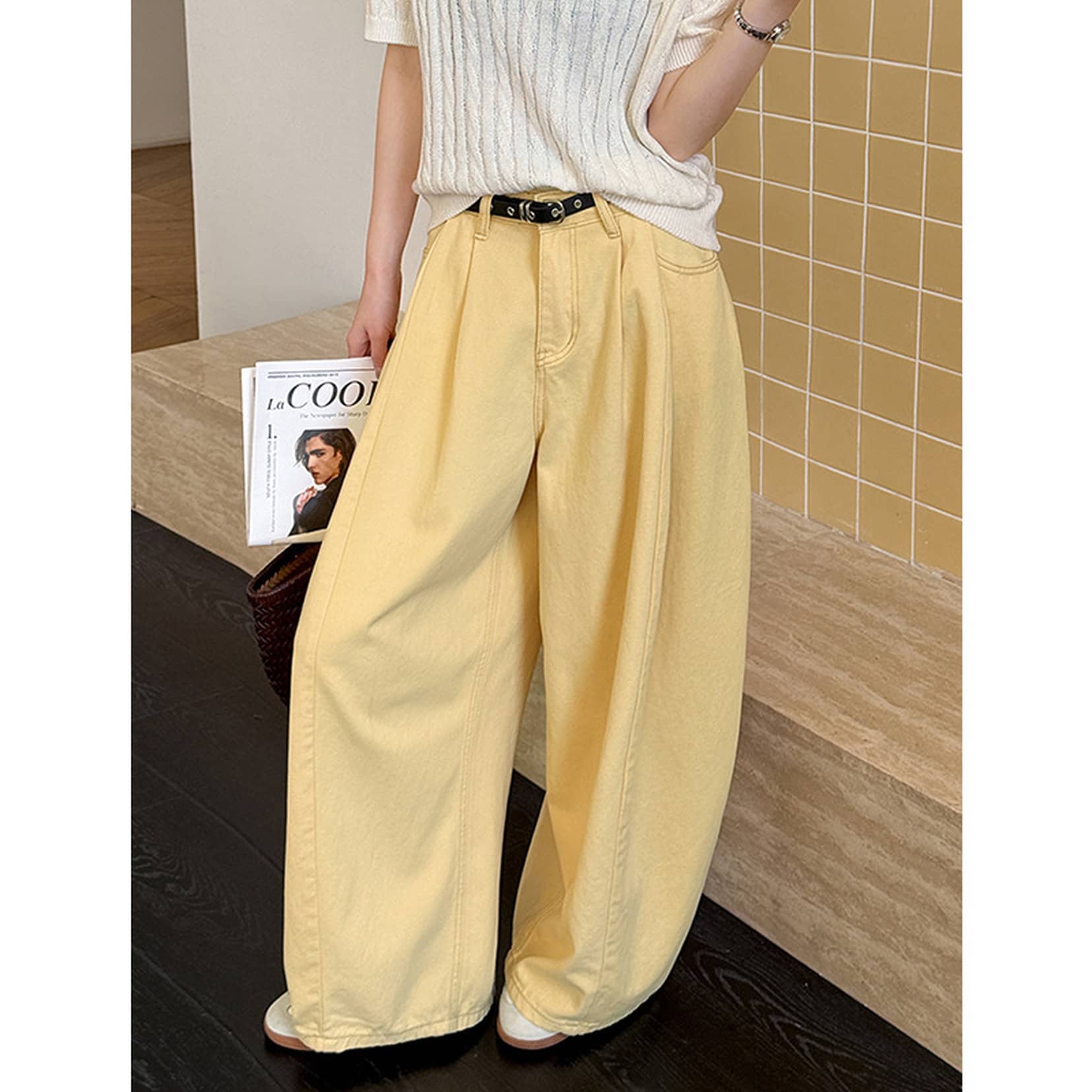 ワイドパンツ レディース ハイウエスト タック入り カーブパンツ バルーンパンツ デニム ストレート 脚長 着痩せ ゆったり カジュアル 韓国ファッション 春夏秋冬｜ゴールドルーフショップ