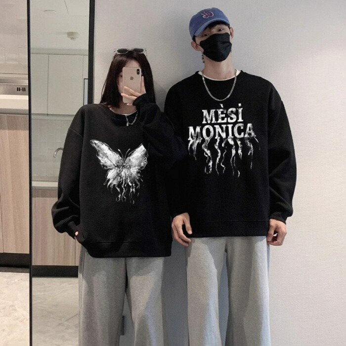 トレーナー 男女兼用 カップル 蝶柄 薄手 オーバーサイズ ちょうちょ ゆったり スウェット カジュアル 秋 冬 春 蝶々 トップス