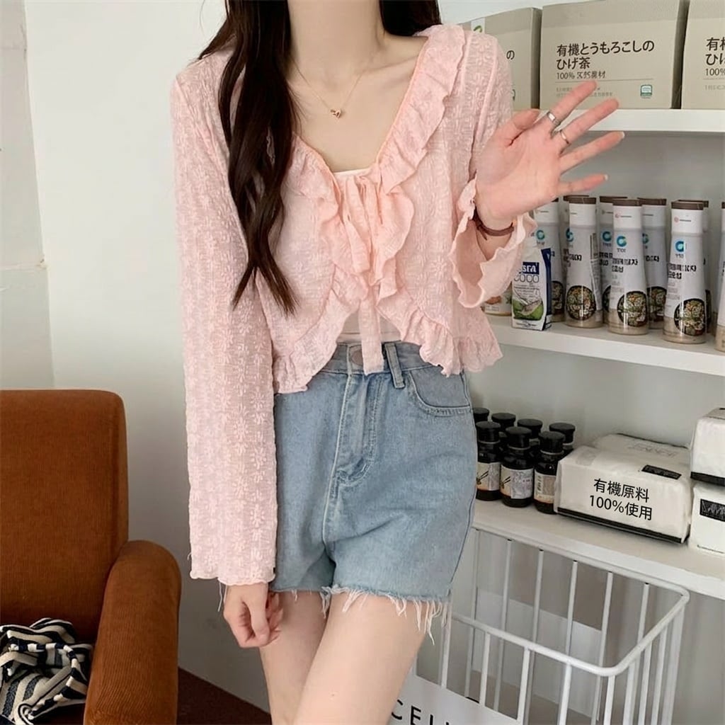 ブラウス レディース シフォン フリル シアー トップス 長袖 Vネック リボン 透け感 ガーリー 可愛い フェミニン 春 夏 秋 冷房対策 日焼け防止