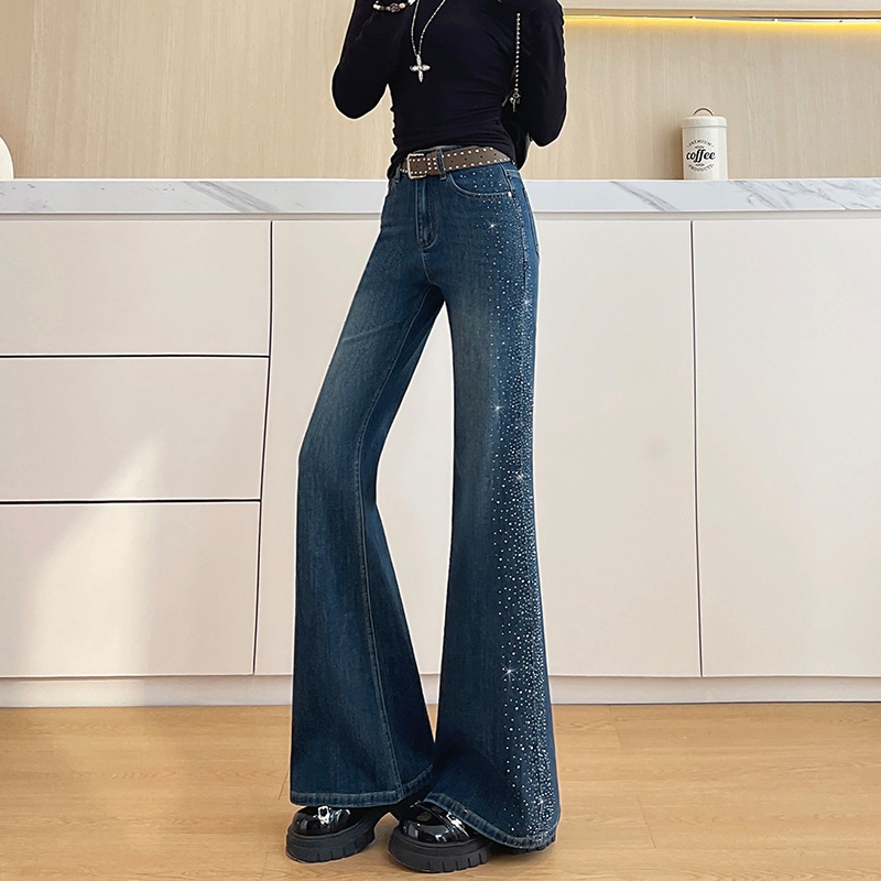 デニム パンツ レディース フレア ジーンズ ハイウエスト ラインストーン ブーツカット 着痩せ 美脚 ロング丈 ジーパン 韓国風