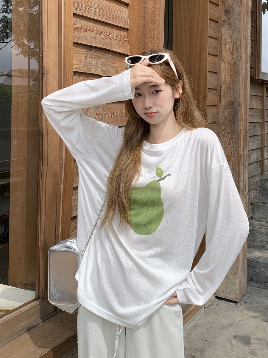 ロンT レディース 長袖 Tシャツ シアー 透け感 フルーツプリント 洋梨柄 ゆるシルエット カットソー オーバーサイズ カジュアル ファッション 春 夏 秋 トップス ホワイト