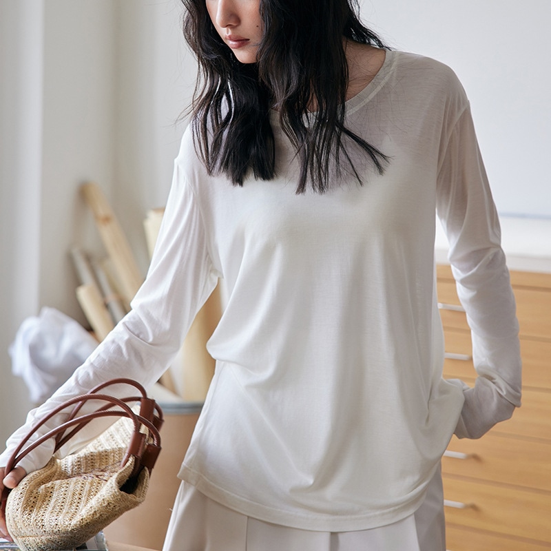 長袖 Tシャツ レディース アセテート テンセル ウール クルーネック トップス きれいめ なめらか 薄手 カットソー インナー 無地 春 夏 秋 通勤 オフィス 上品 柔らかい