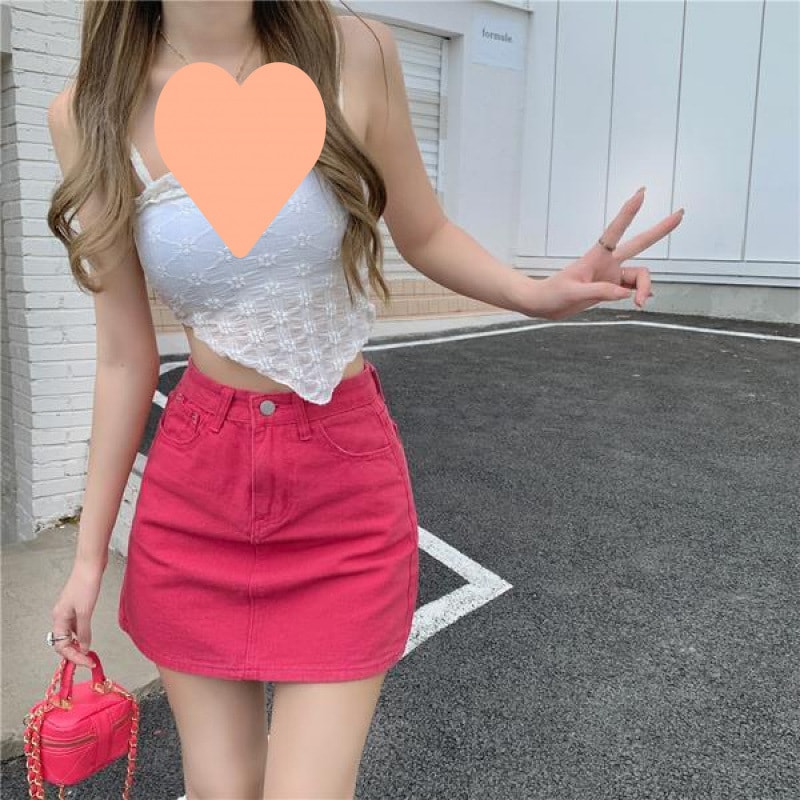 デニムスカート レディース Aライン ハイウエスト ミニスカート ショート丈 美脚 韓国風 ジーンズ カジュアル 膝上 痩せ見え 通学 通勤 旅行 おしゃれ 可愛い ローズレッド
