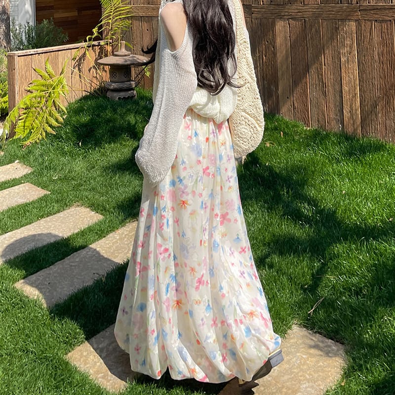 ロングスカート レディース 花柄 バルーンスカート マキシ丈 春 夏 総柄 Aライン ハイウエスト ふんわり チュールスカート リゾート ビーチ カジュアル きれいめ 大人可愛い 体型カバー おしゃれ