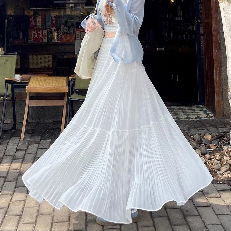 プリーツスカート レディース ロングスカート シフォン ティアードスカート 春 夏 Aライン 揺れる 体型カバー ウエストゴム 大人 可愛い きれいめ 通勤 デート