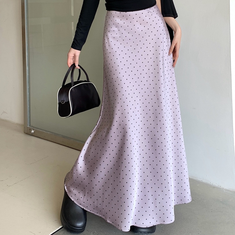 ロングスカート レディース ドット柄 レトロ サテン調 マキシ丈 Aライン ハイウエスト 着痩せ 春夏秋 通勤 デート