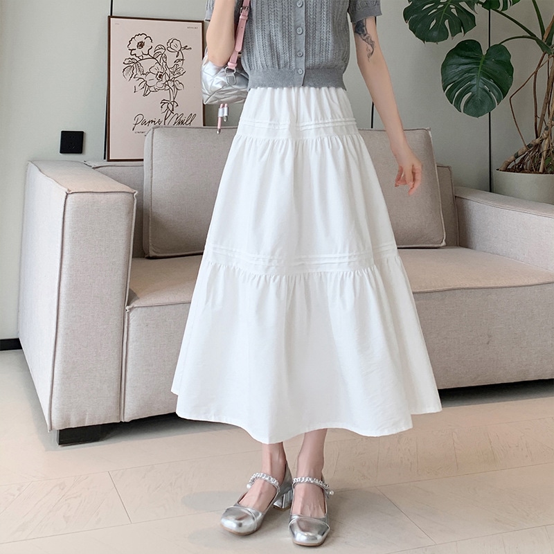 ティアードスカート マキシ丈 レディース ロングスカート 裾切り替え Aライン ウエストゴム 着痩せ 脚長効果 フェミニン 清楚 お出かけ 白