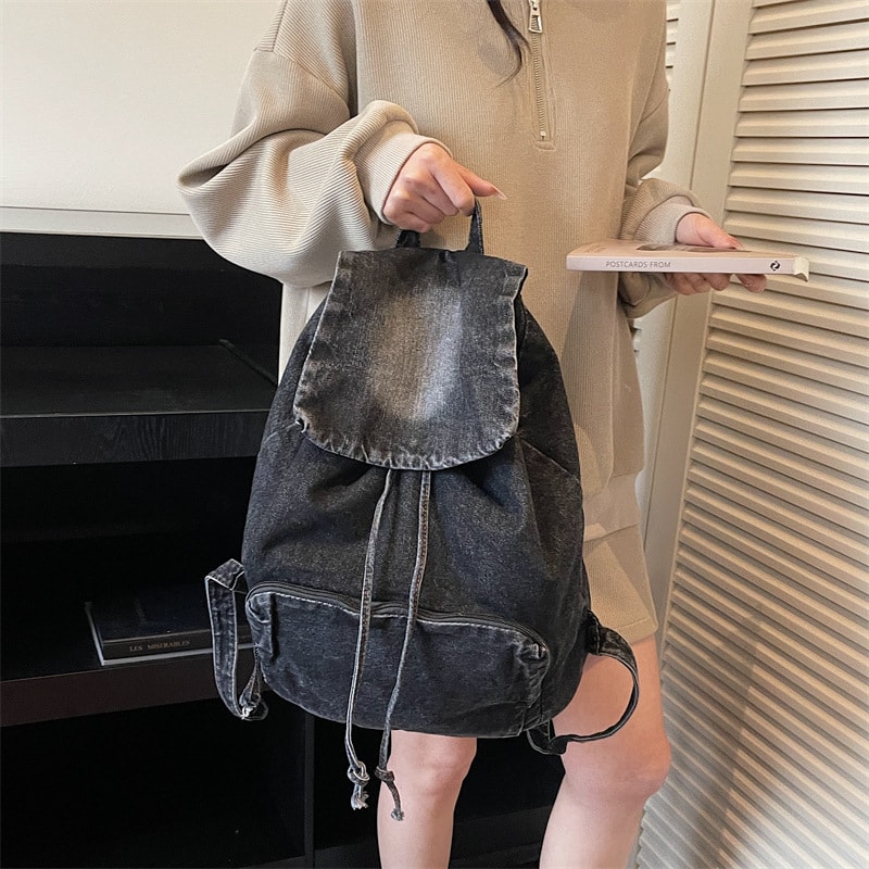 リュック レディース デニム 大容量 通学 女子高生 巾着型 フラップ バックパック レトロ ヴィンテージ風 カジュアル 通勤 A4収納 軽量 ファッション おしゃれ 丈夫 旅行