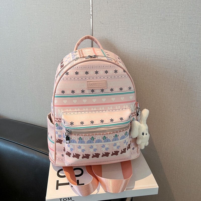 リュック レディース おしゃれ かわいい リュックサック 通学 通勤 女子 小さめ ミニリュック 総柄 うさぎ チャーム付き 軽い 地雷系