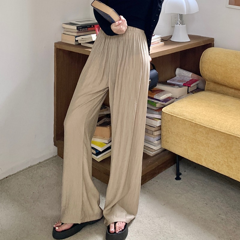 ワイドパンツ レディース プリーツパンツ ハイウエスト 夏 冷感 ゆったり ストレートパンツ 脚長 着痩せ きれいめ カジュアル ファッション ウエストゴム 涼しい 薄手 ボトムス ズボン 20代 3