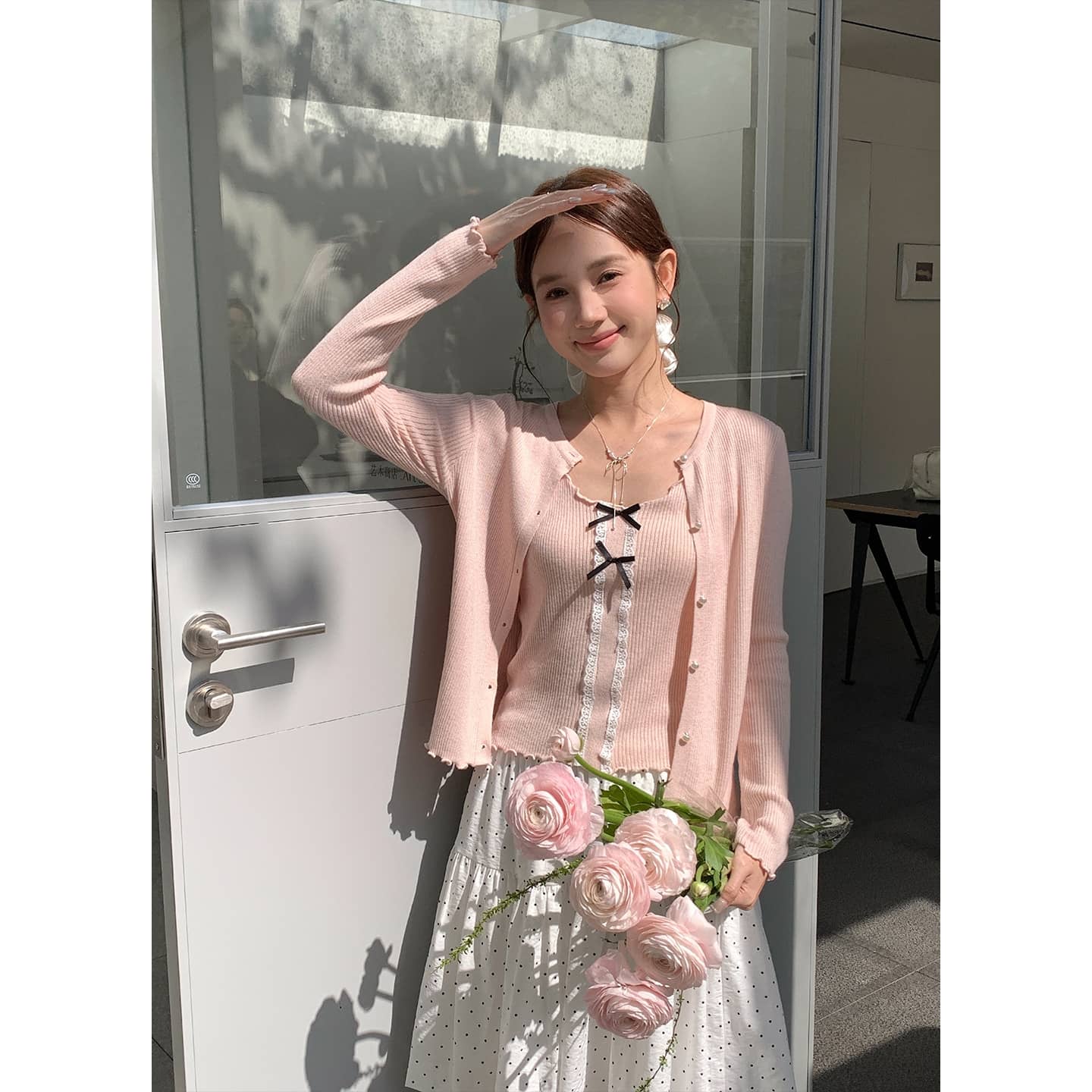 編み物 合奏団 通い レディース 肋筋 ジレー メロウフリル フラウンス シュロの葉 可愛らしい パステル色の 烏兎 長袖 セットアップ 2点仕掛ける