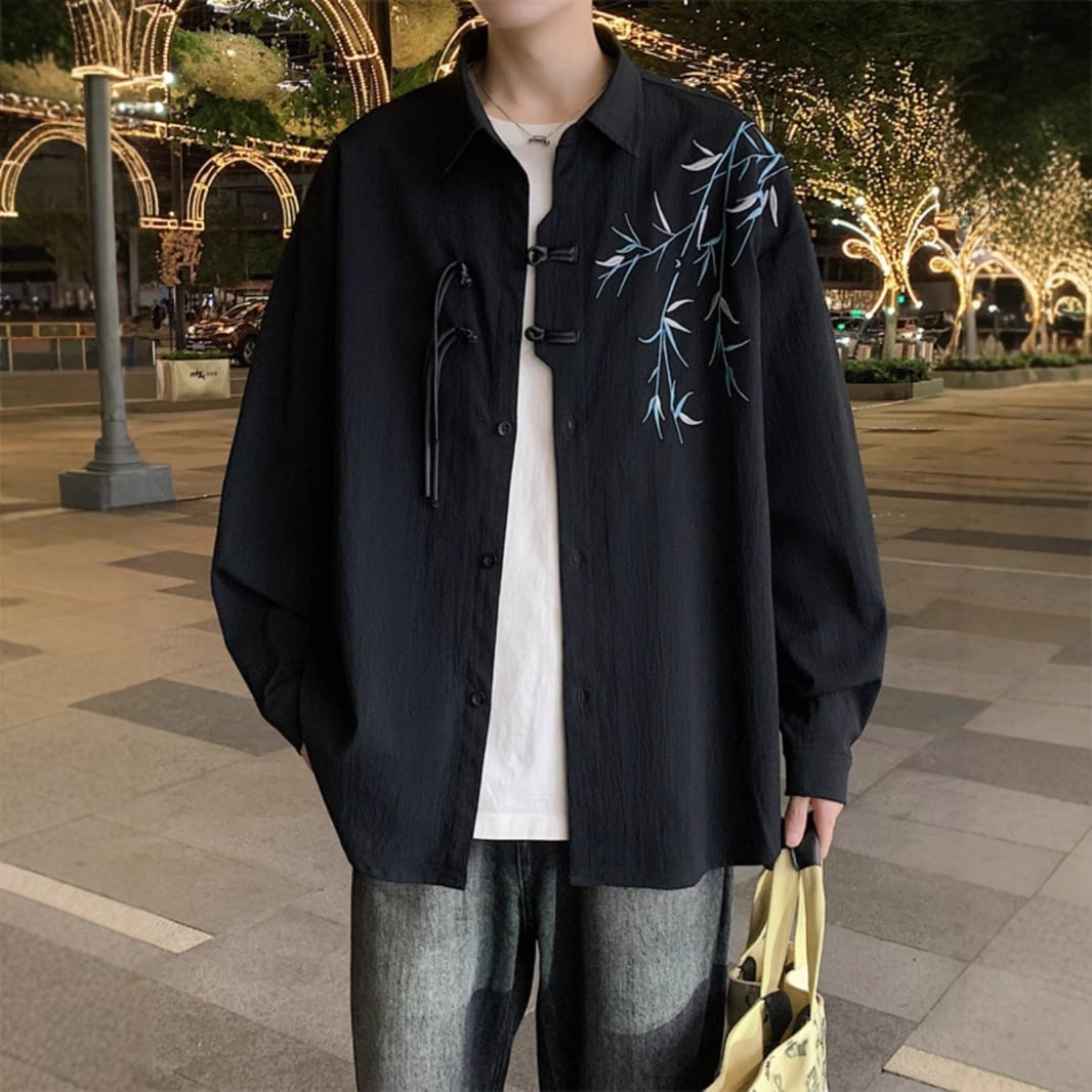 チャイナシャツ メンズ 長袖 刺? 竹柄 盤扣 中華風 カジュアルシャツ ゆったり オーバーサイズ 春服 レトロ モード系 漢服 トップス 柔らかい