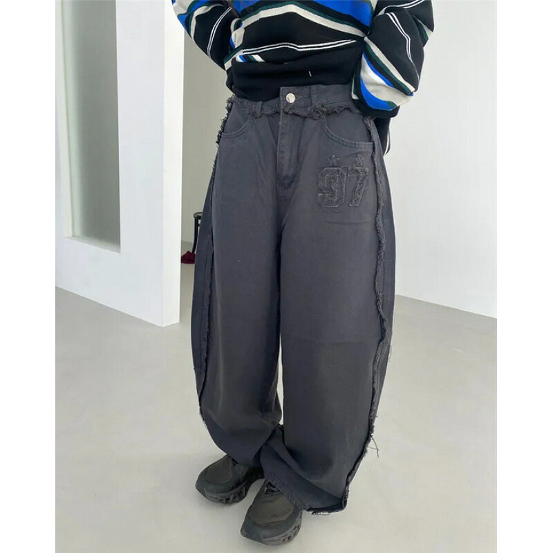 ワイドパンツ デニム レディース ジーンズ フリンジ ダメージ加工 ハイウエスト ストリート系 ジーパン ヴィンテージ風 カジュアル ゆるだぼ 裾フリンジ ロングパンツ 美脚 ブルー