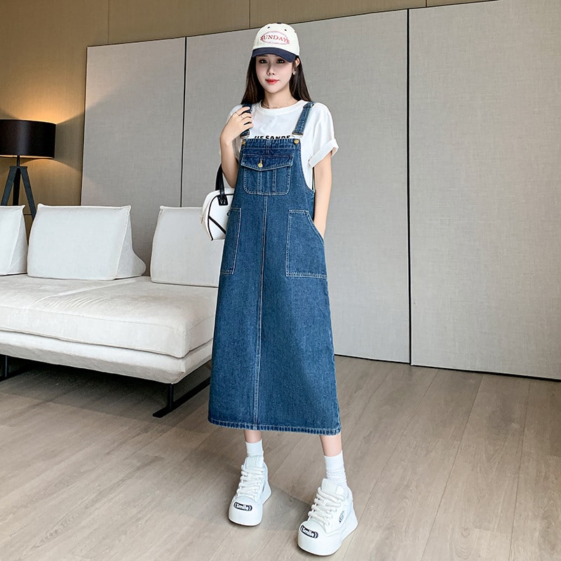 サロペットスカート レディース デニム ジャンパースカート ロング Aライン ゆったり 体型カバー 肩紐調整 カジュアル かわいい お洒落 普段着 ミモレ丈 オーバーオール ブルー