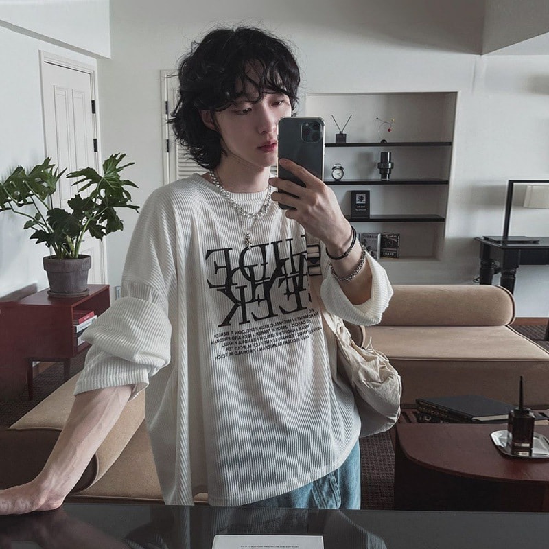 ロンT メンズ 長袖 Tシャツ ワッフル サーマル ビッグシルエット 英字プリント ストリート系 オーバーサイズ カットソー 春 秋 ゆったり クルーネック プルオーバー お洒落 カジュアル トップス