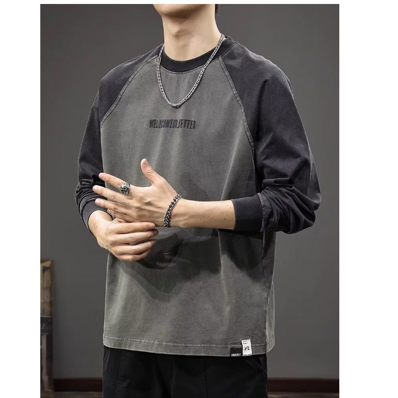 ロンT メンズ 長袖 Tシャツ ヴィンテージ風 配色 ラグランスリーブ 刺繍 ストリート カジュアル カットソー クルーネック 秋 春 おしゃれ かっこいい ビッグシルエット 大きいサイズ 柔らかい