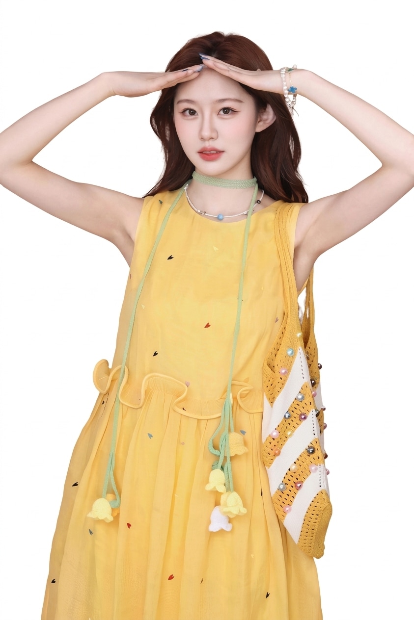 ピース レディース 夏 ノースリーブ レモンイエロー フリル Aライン 可愛い ハート柄 膝丈 ガーリー ゆったり 涼しい チュニック 体型カバー カジュアル お出かけ デート 森ガール フェミニン 6,907円