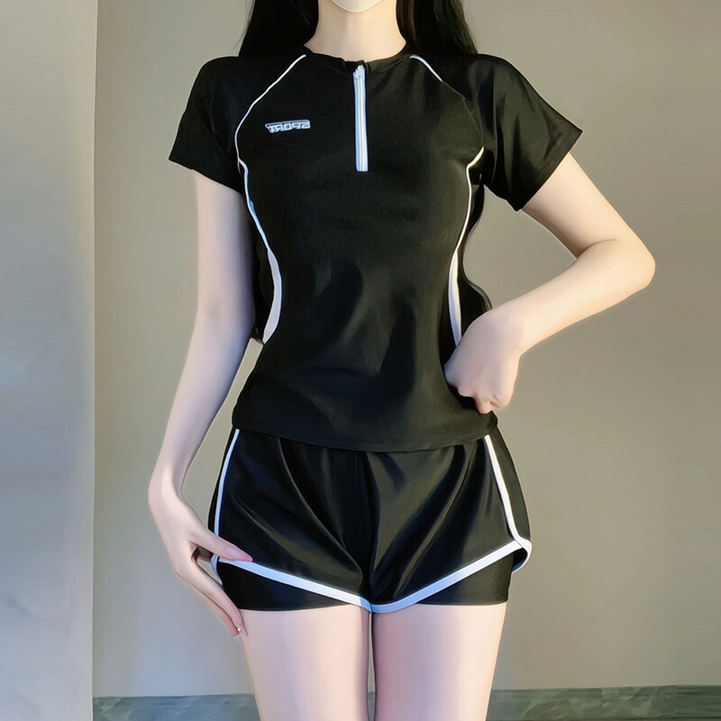 水着 レディース フィットネス セパレート 半袖 ラッシュガード 上下 2点セット 体型カバー 露出控えめ ハーフジップ 着痩せ スイムウェア 競泳 練習用 ジム スイミング プール 温泉 グレー