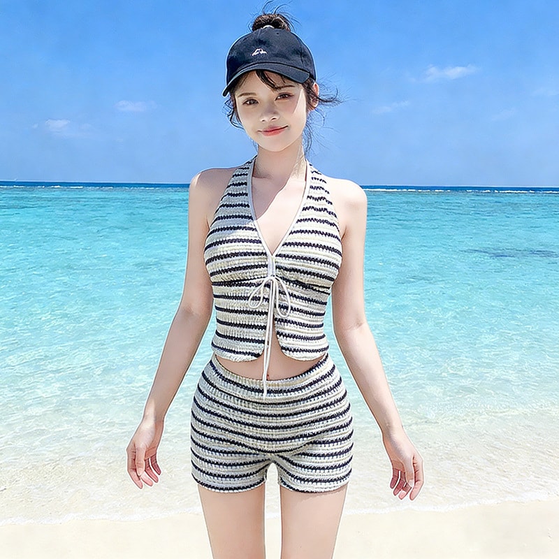 水着 レディース ビキニ ボーダー ホルターネック ニット 体型カバー ハイウエスト 2点セット ショートパンツ クロシェ 編み セパレート 盛れる おしゃれ 大人可愛い 温泉 ビーチ 海 リゾート