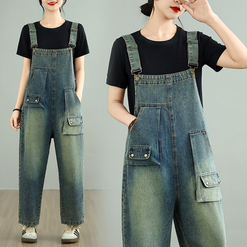 サロペット レディース デニム オーバーオール オールインワン 春夏秋 ゆったり ワイドパンツ ヴィンテージ加工 レトロ 多ポケット ワークパンツ つなぎ 大人 カジュアル ロングパンツ ストレートパ