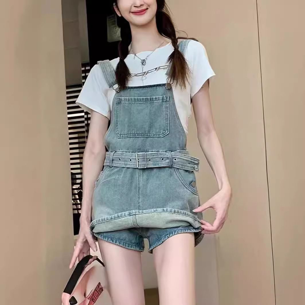 サロペットスカート レディース デニム ジャンパースカート Aライン ミニ丈 ベルト付き ハイウエスト カジュアル 夏服 ライトブルー ウォッシュ加工 古着風 おしゃれ 可愛い お出かけ 通学 デイリ
