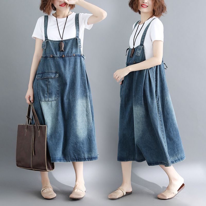 デニム ジャンパースカート サロペット スカート レディース ゆったり Aライン ロング ワンピース 体型カバー カジュアル 吊りスカート 大人可愛い お洒落 春 夏 秋 ヴィンテージ風 ウォッシュ加